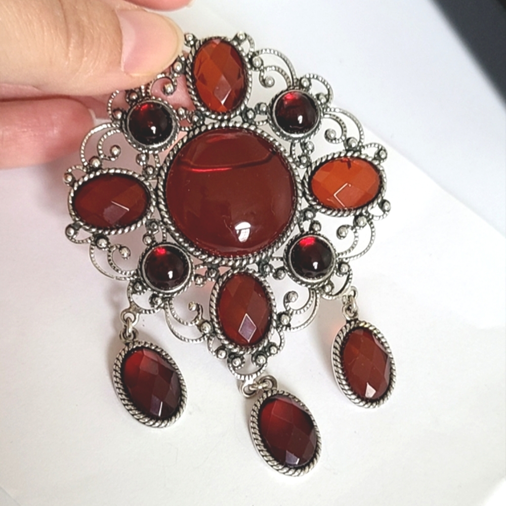 Vintage Boho Ornate Faceted Red Cranberry Glass Sterling Silver Brooch Pendant